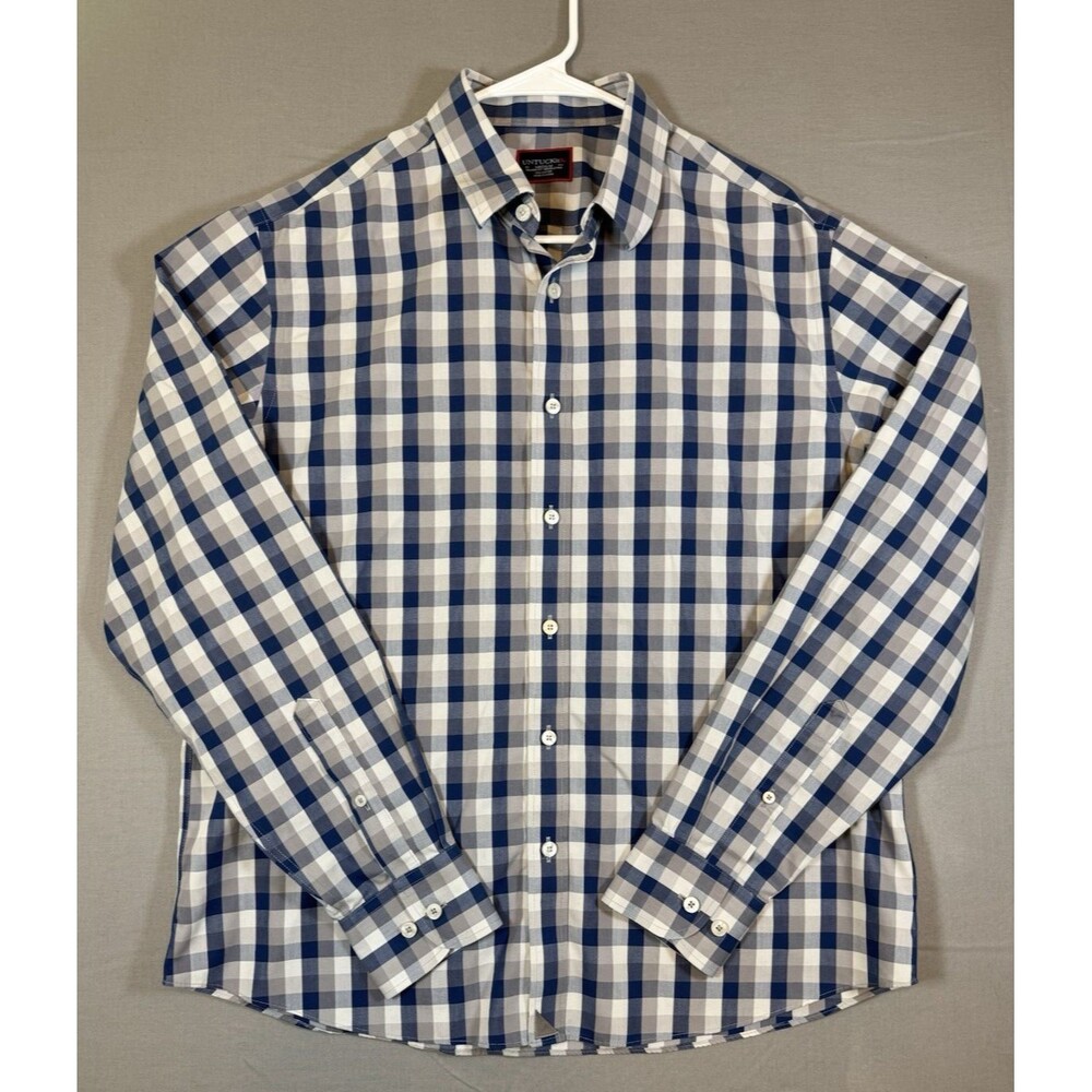 UNTUCKit Men's Relaxed Fit Blue Gray Checkered Button Down 100% Cotton Size M
